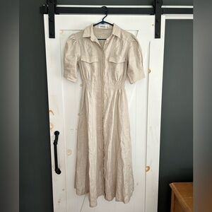 SOVERE Anthropologie linen puff sleeve button down midi dress w pockets